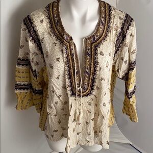 Free People But I Like It multicolor white navy gold v-neck boho blouse M